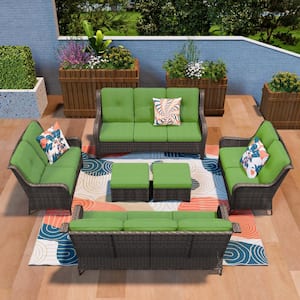 Patio Furniture Set 6 Pieces Outdoor Wicker Sectional Sofa with Green Cushions