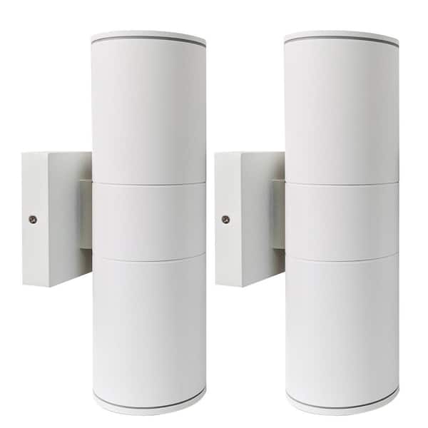 HKMGT 12 in. 2-Light White Cylinder Outdoor Hardwired Wall Lantern Sconce with Integrated LED Lights (2-Pack)