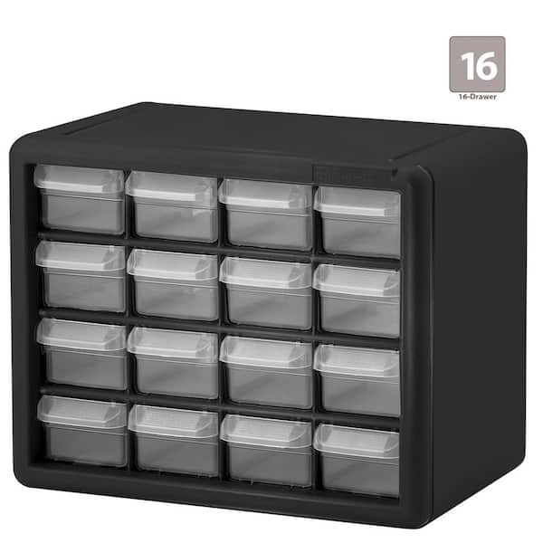 Plastic Drawer Storage Cabinet for Small Parts, 10 1/2 in. W x 6 1/2 in. D x 8 1/2 in. H, Black, 16 Drawer (1-Pack)