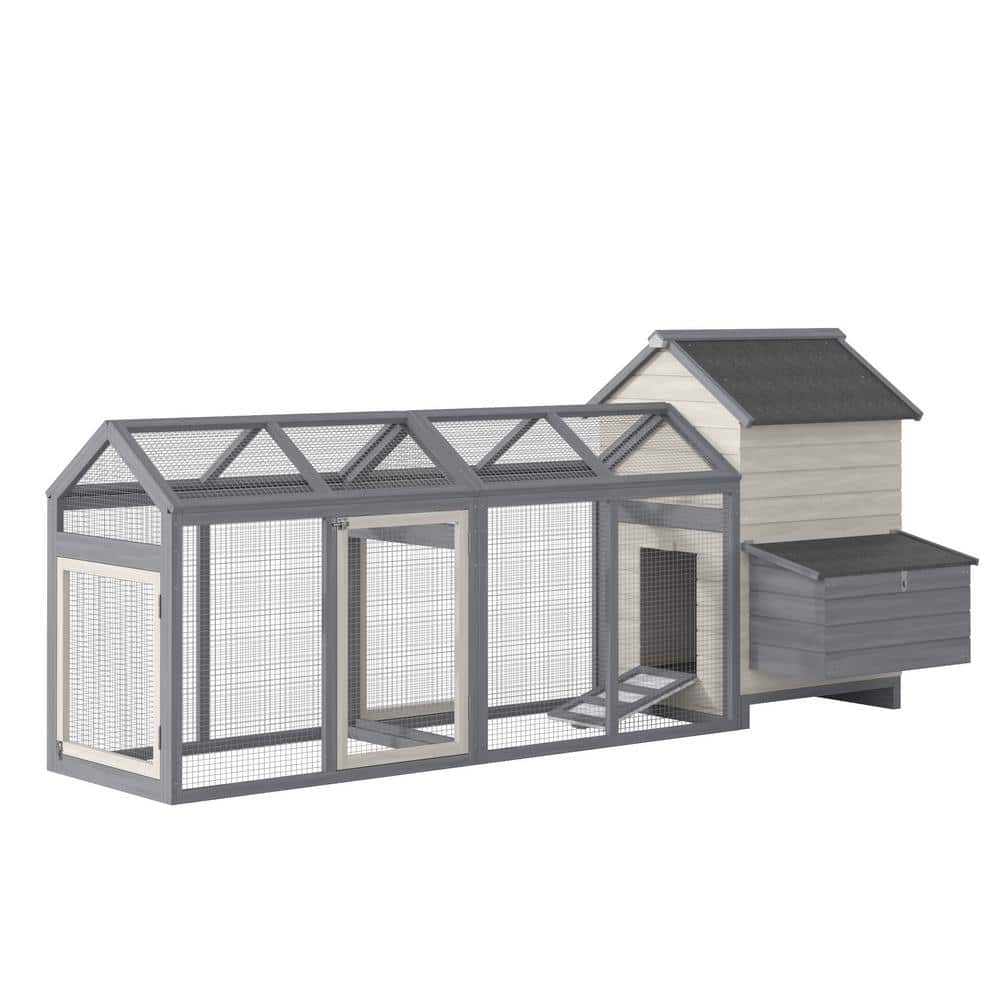 Gray and White Wooden Chicken Coop with Double Run and Nesting Box