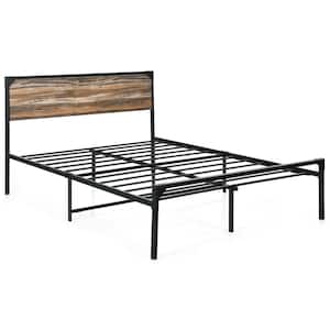 Black and Rustic Wood Metal Full Bed Frame with Headboard