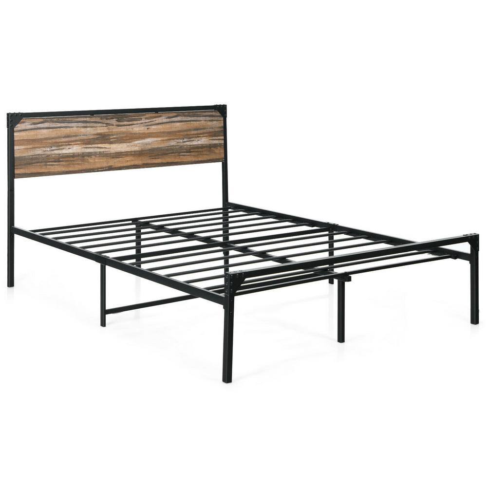 ANGELES HOME Black and Rustic Wood Metal Full Bed Frame with Headboard