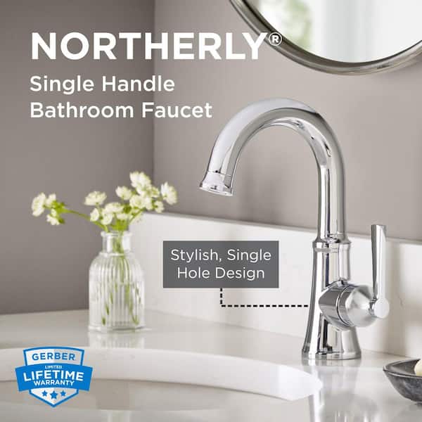 Northerly Single Handle Single Hole Bathroom Faucet with Deckplate and 50/50 Touch Down Drain Included in Chrome