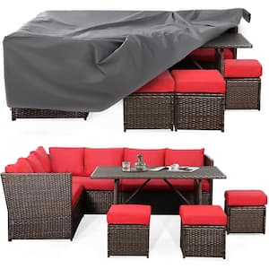 7-Pieces Patio Wicker Furniture Dining Set with Red Cushions and Cover