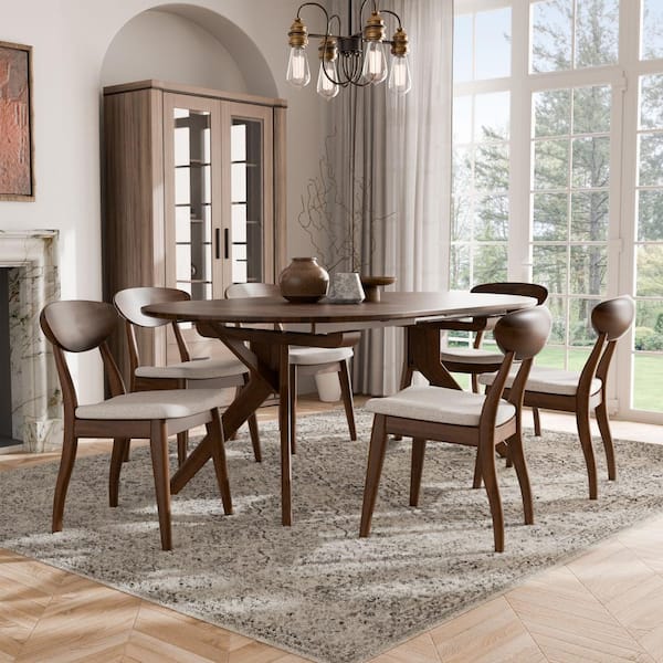 Furniture of America Shelun V 7-Piece Oval Rich Walnut Wood Top Dining Table Set with Twin Extendable Center Leaf (Seats-6)