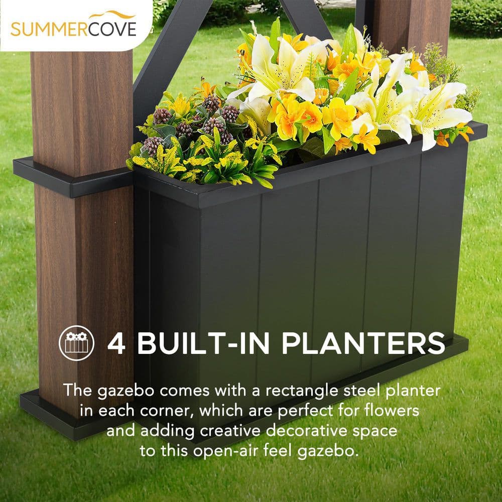 13 ft. x 15 ft. Black Steel Roof Gazebo with Aluminum Frame and Planters