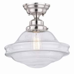 Huntley 12 in. W Satin Nickel Farmhouse Schoolhouse Semi-Flush Mount Ceiling Light Clear Glass