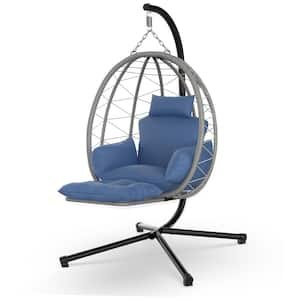 Patio Hanging Basket Egg Chair Rattan Wicker Outdoor Lounge Swing Chair with UV Resistant Blue Cushion and Pillow