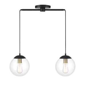 26 in. W x 11 in. H 2-Light Matte Black and Natural Brass Linear Chandelier with Clear Glass Globe Shades