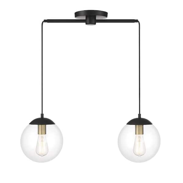 TUXEDO PARK LIGHTING 26 in. W x 11 in. H 2-Light Matte Black and Natural Brass Linear Chandelier with Clear Glass Globe Shades