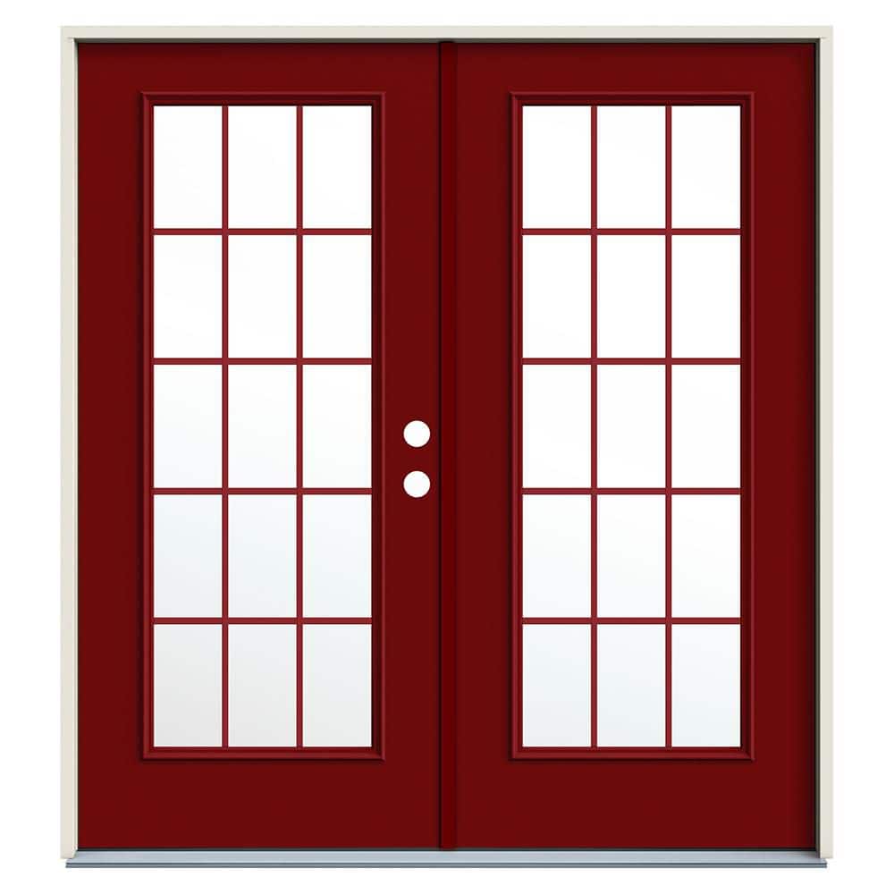 72 in. x 80 in. Red Right-Hand/Inswing Steel French Patio Door w/15 Lite Low-E Glass, Rot Resist Jamb and Brickmould