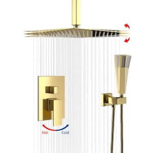 Dual Shower Head Ceiling Mount 12 in. Square 1.8 GPM with 2-Spray Shower Faucet in Gold (Valve Included)
