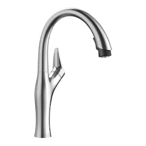 ARTONA Single Handle Gooseneck Kitchen Faucet with Pull-Down Sprayer in PVD Steel