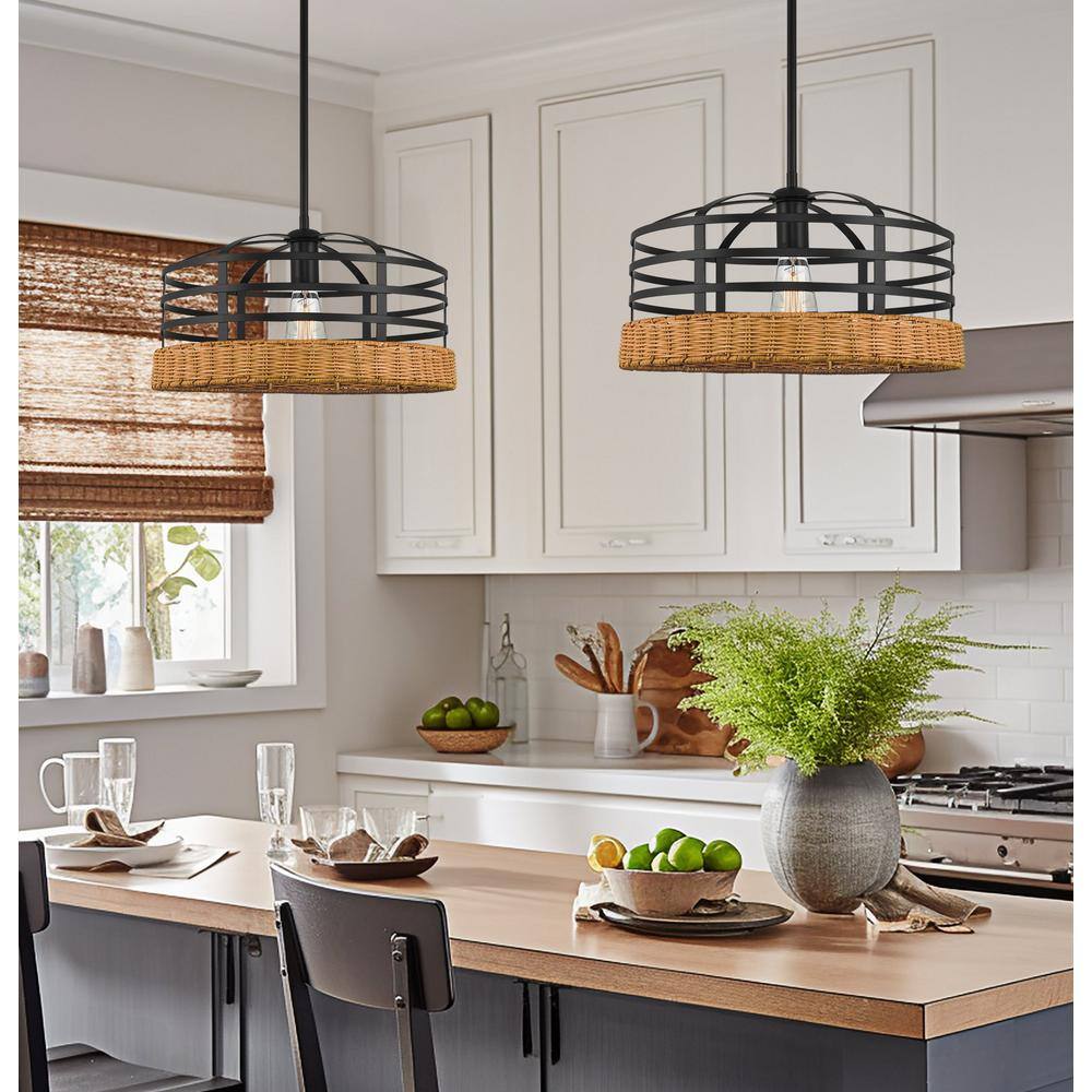 Thatcher Black Metal and Wicker Cage Pendant Light