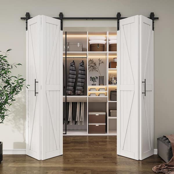 72 in. x 84 in. Solid Core White Finished Pine Wood Bi-fold Door with Hardware Track Kit