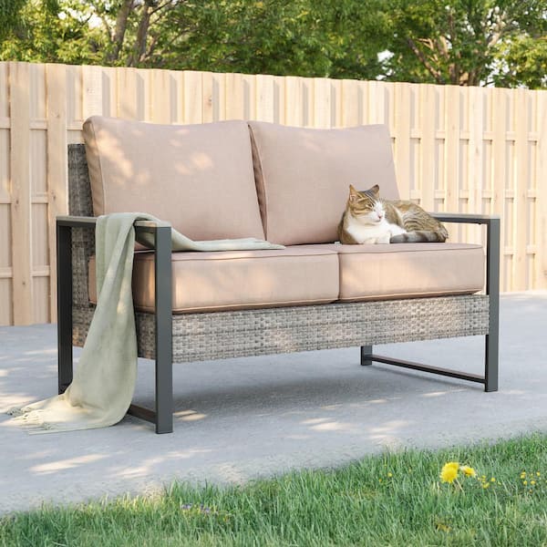 Sonkuki Loveseat Sofa All-Weather Patio Conversation Set Couch PE Rattan Gray Wicker with Sand Cushion
