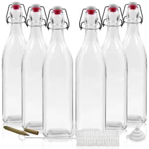 6 Pack 33 oz. Square Glass Bottles with Swing Top Stoppers, Bottle Brush, Funnel, and Gold Glass Marker