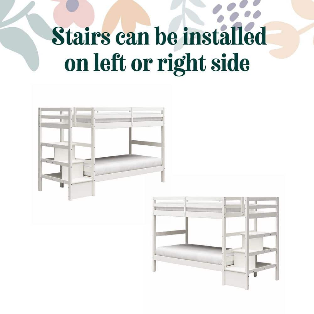 White Twin Over Twin Pine Wood Bunk Bed with Stairs and Shelves