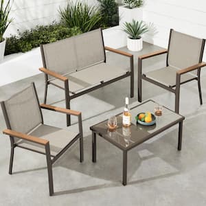 Brown 4-Piece Metal Outdoor Tan Textilene Patio Conversation Furniture Set