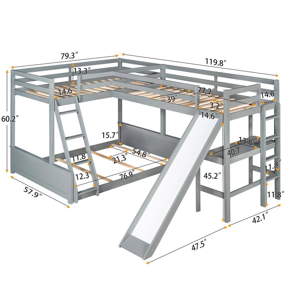 Harper & Bright Designs Gray Twin Over Full Wood Triple Bunk Bed with Desk and Slide - 2