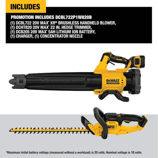 DEWALT 20V MAX 125 MPH 450 CFM Cordless Blower and a 22 in. Cordless Hedge Trimmer with (1) 5 Ah Battery and (1) Charger