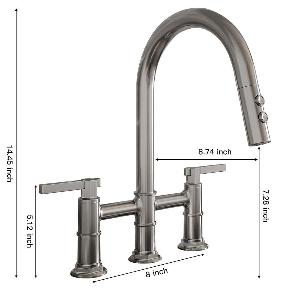 Polished Chrome Double-Handle Bridge Kitchen Faucet with 360 Swivel Spout
