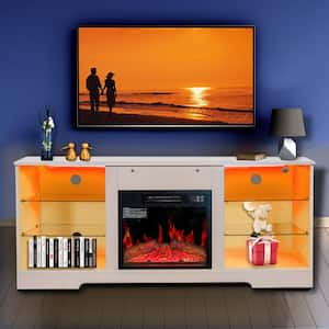 57.8 in. Freestanding Electric Fireplace TV Stand with 18 in Heater, Adjustable Glass Shelves, Storage Cabinets in White