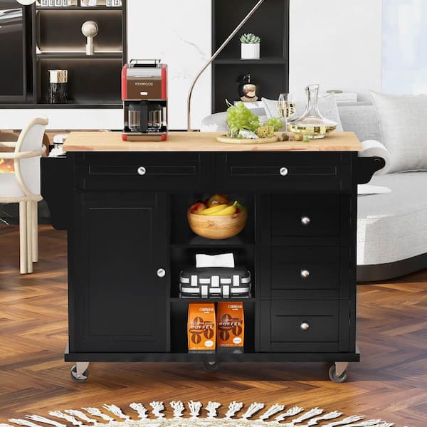 Polibi Black Kitchen Cart with Rubber Wood Top, Mobile Kitchen Island with Storage and 5 Drawers