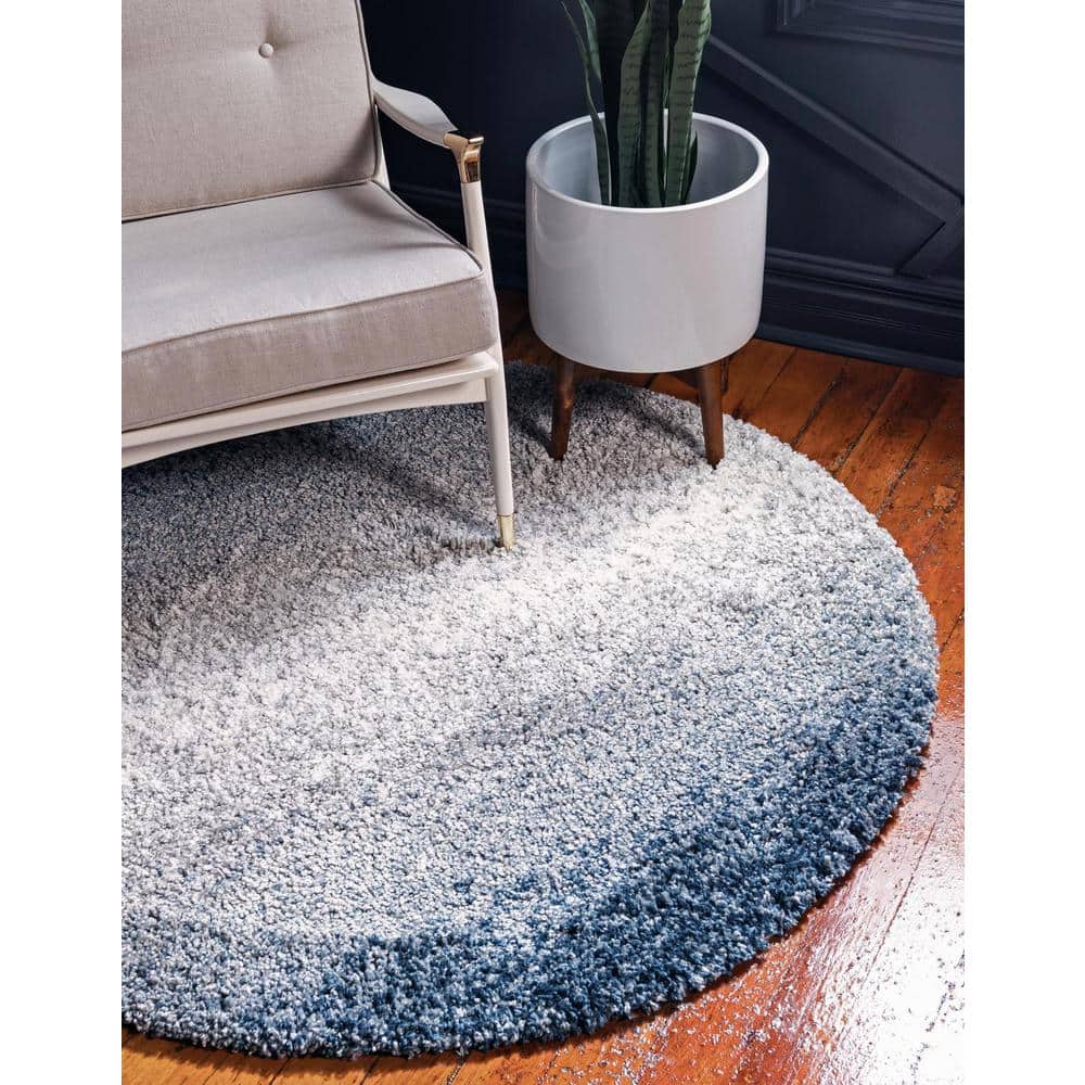 Luxurious Handmade Blue Geometric Shag Round Rug, 5' Diameter