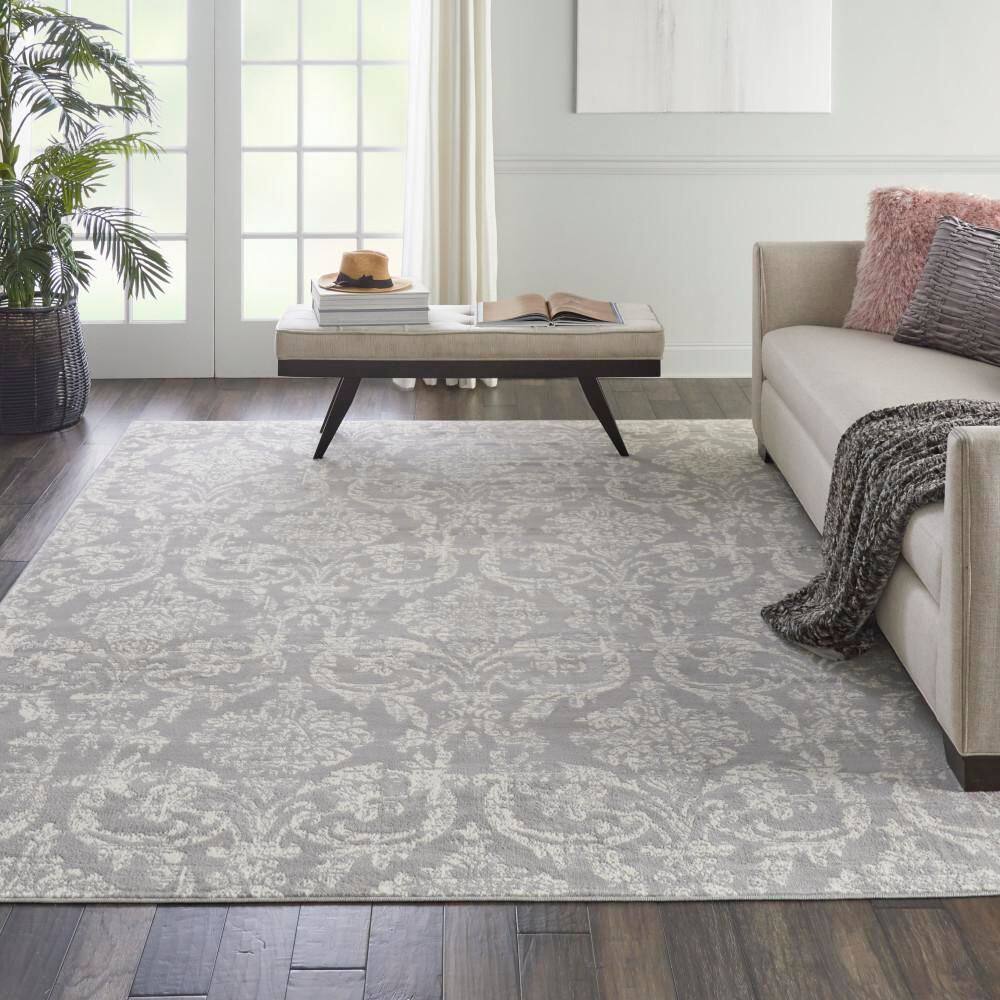 Gray and Ivory Damask Pattern 8' x 10' Area Rug