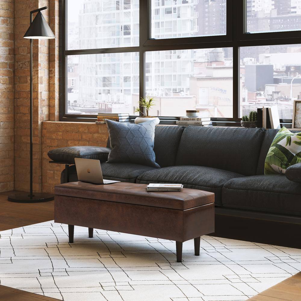 Shay Mid Century Distressed Chestnut Brown Faux Leather Storage Ottoman