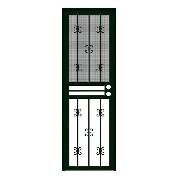 Unique Home Designs 28 in. x 80 in. Moorish Lace Forest Green Recessed Mount All Season Security Door with Insect Screen and Glass Inserts