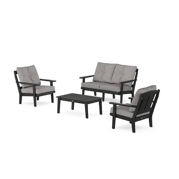 POLYWOOD Mission 4-Pcs Plastic Patio Conversation Set with Loveseat in Black/Grey Mist Cushions