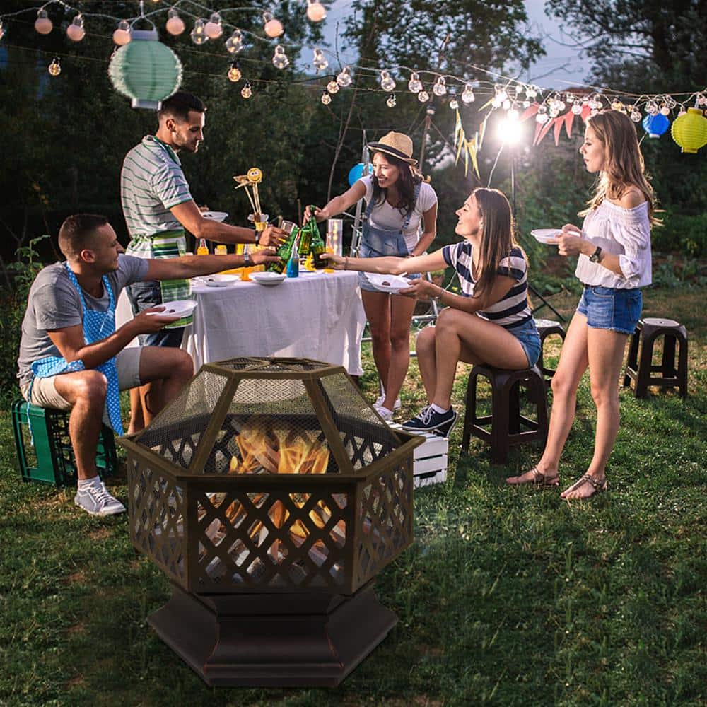 Hexagonal Bronze Iron Wood Burning Outdoor Fire Pit