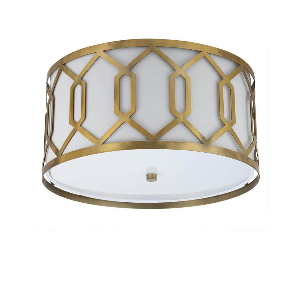Satin Brass Hex 3-Light 16.25" Metal LED Flush Mount with Linen Shade