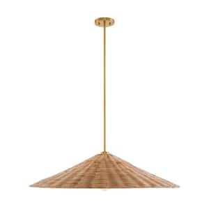35 in. 1-Light Natural Brass Shaded Pendant Light with Natural Rattan Shade