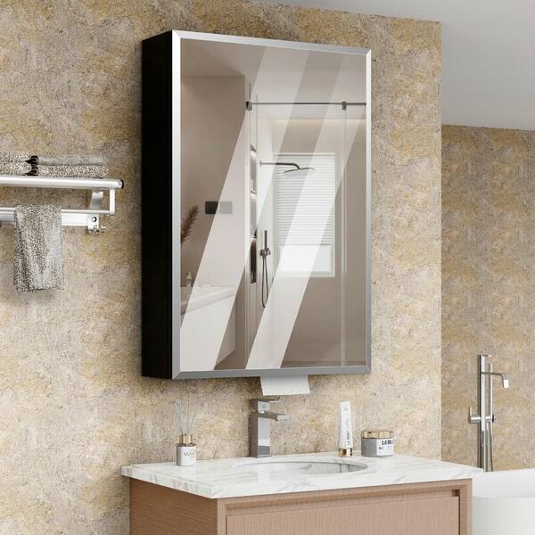 tunuo 18 in. W x 26.8 in. H Rectangular Aluminum Surface Mount Medicine Cabinet with Mirror, Tissue Drawer Hole, 3x Magnifier