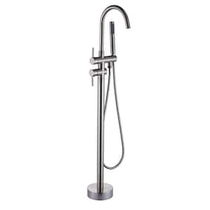 2-Handle Freestanding Tub Faucet with Hand Shower 1 Hole Foot Mounted Bathtub Filler in Brushed Nickel