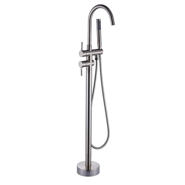 AIMADI 2-Handle Freestanding Tub Faucet with Hand Shower 1 Hole Foot Mounted Bathtub Filler in Brushed Nickel