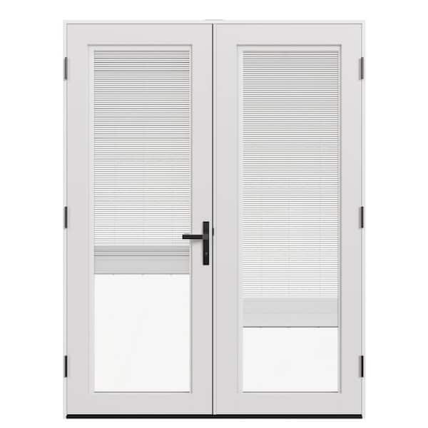 60 in. x 80 in. F4500 Right-Hand/Outswing Primed Fiberglass French Patio Door w Low-E Glass,Blinds, Screen, Black Handle