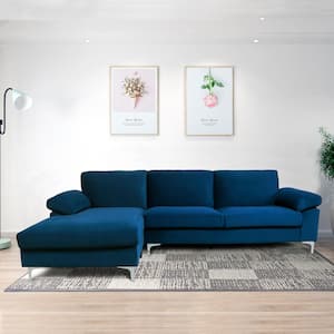 104 in. Round Arm 1-Piece Velvet L-Shaped Sectional Sofa in Blue with Chaise