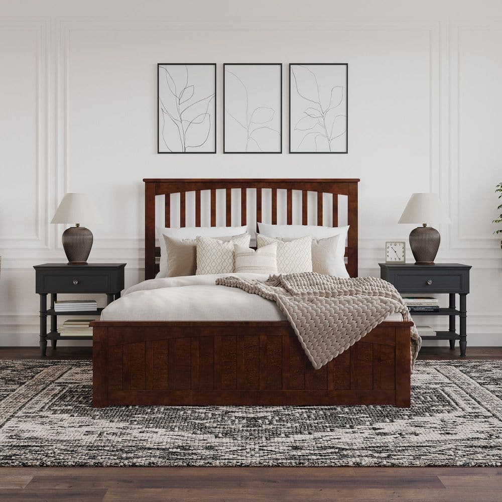 Walnut Queen Wood Platform Bed with Slatted Headboard