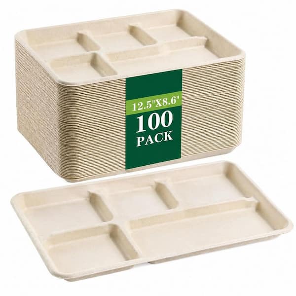 12.5 in. White Disposable Sugarcane Compostable Plate Disposable Tableware 5 Compartment (100 Pack)