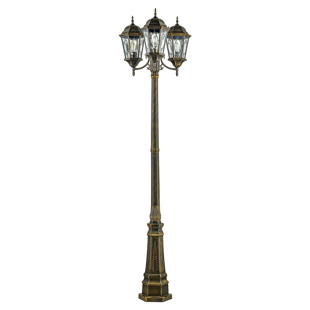 UPC 736916548878 product image for Villa Nueva 96 in. 3-Light Black Gold Outdoor Lamp Post Light Fixture Set with S | upcitemdb.com