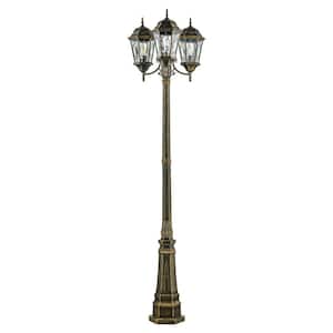 Villa Nueva 96 in. 3-Light Black Gold Outdoor Lamp Post Light Fixture Set with Stained Glass