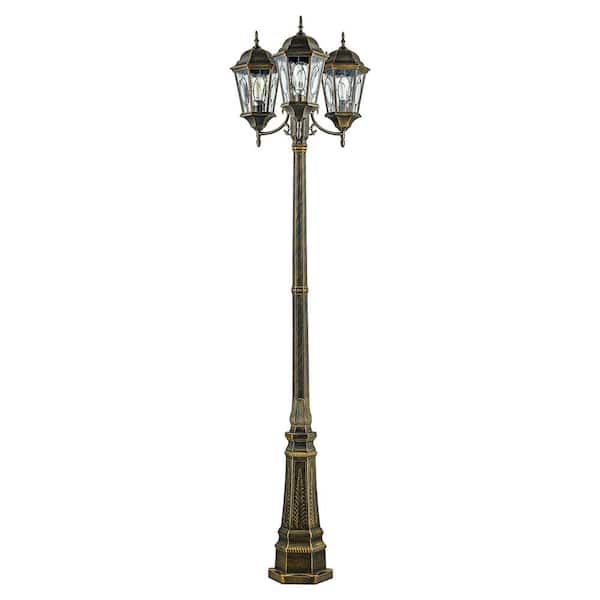 Bel Air Lighting Villa Nueva 96 in. 3-Light Black Gold Outdoor Lamp Post Light Fixture Set with Stained Glass