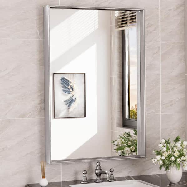 KeonJinn 24 in. W x 36 in. H Rectangular Framed Aluminum Square Corner Wall Mount Bathroom Vanity Mirror in Brushed Silver