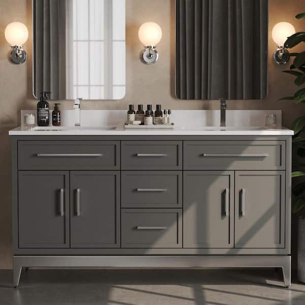 Barrington 63in. Double Freestanding Gray Bath Vanity with White Quartz Top