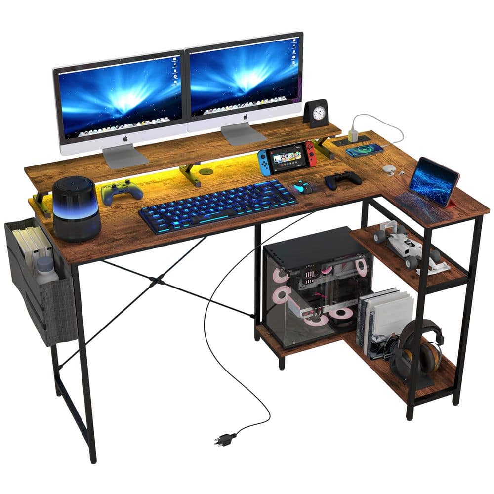 57.9 in. Rustic Brown Reversible L Shaped Desk, Corner Computer Desk with Power Outlet and LED Light