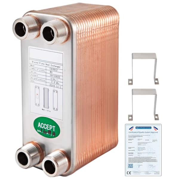 VEVOR Heat Exchanger 3 in. x 7.5 in. 40 Plates 316L 3/4 in. MPT Heat Exchanger B3-12A Beer Wort Chiller for Hydronic Heating